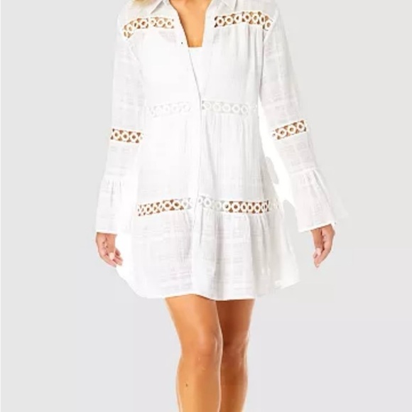 NWT Ibiza Anne ColeWomen's Button Up Bell Sleeve Crochet Trim Cover-Up Tunic - Picture 5 of 8